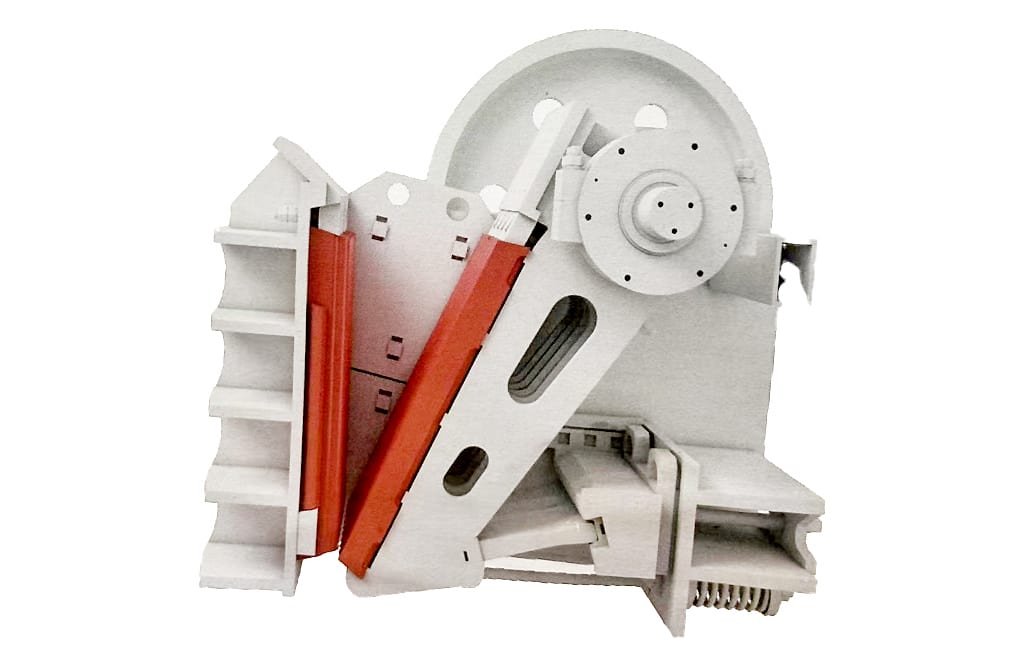 A cross-section of a jaw crusher showing its movable and stationary jaw structures.
